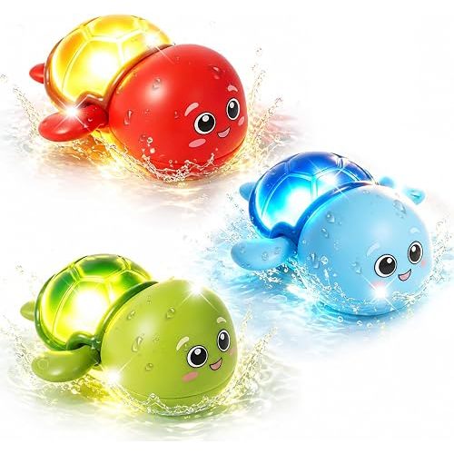 Turtle Light Up Bath Toys, Water-Activated Light Up Toys Flash & Change Color, Toddler Bath Toys for Toddlers 1-3, Pool Toys for Kids Ages 4-8, Wind-up Infant Bathtub Toys, 3 Pack