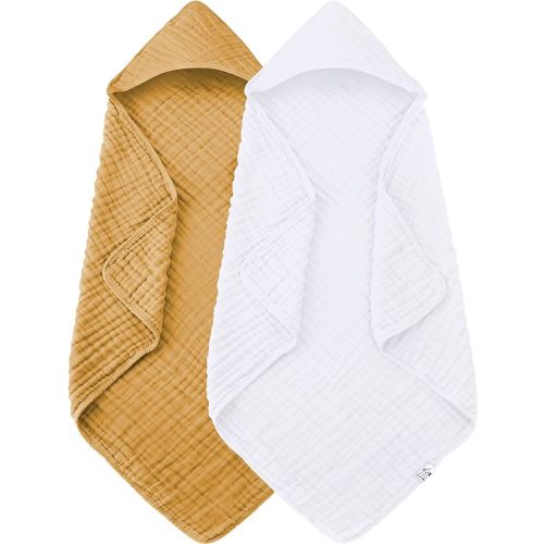 2 Pack Hooded Baby Towels - 100% Muslin Cotton for Newborns, Infants, Toddlers - Large 32x32 Inch Size - Highly Absorbent and Essential for Newborn Care, Light Navy
