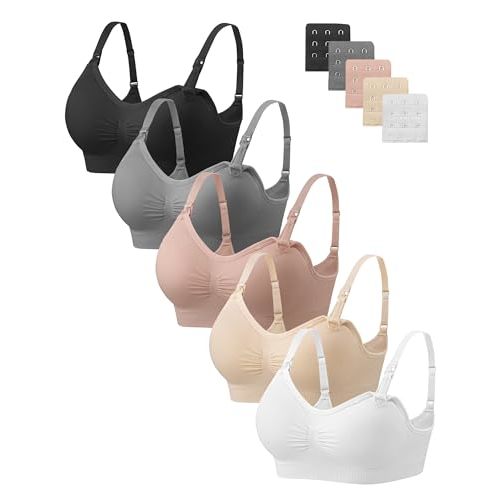 Angelhood Nursing Bra 5 Pack Womens Maternity Breastfeeding Seamless Wireless Sleep Bra with Extenders
