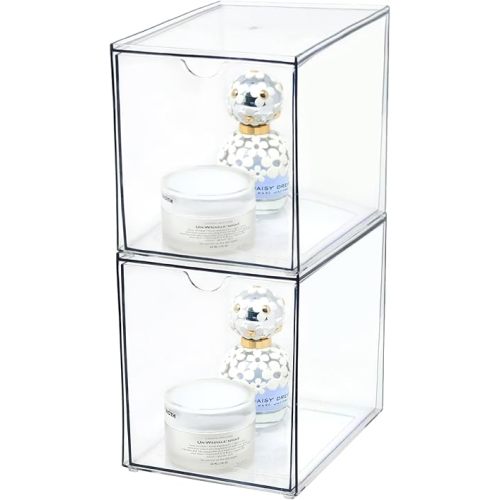 Youngever 2 Pack Large Stackable Organizer Drawers, Stackable Makeup Organizer, Stackable Makeup Storage, Clear Cosmetic Organizers, Makeup Organizer Drawers (6" x 8" x 7")