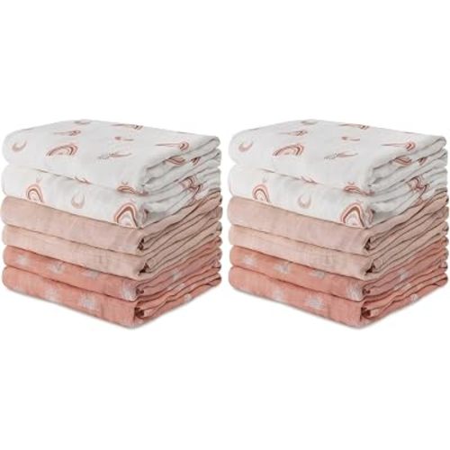 GLLQUEN BABY Receiving Blanket Boy Cotton Muslin Swaddle Blankets Girl Newborn Squares Breathable & Soft Thin Baby Blankets Cloths Double Absorbent Infant Swaddling Wrap - 12 Pack (Sun)