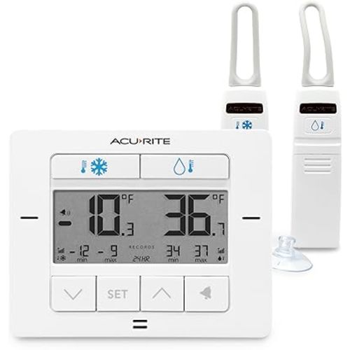 AcuRite Matte White Digital Wireless Fridge and Freezer Thermometer for Home and Restaurants with Alarm and High/Low Temperature Records (00523M)