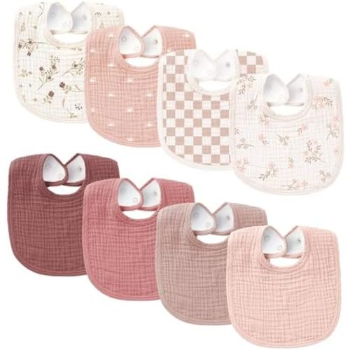 Konssy 8-Pack Muslin Baby Bibs, Adjustable Fit for Drooling and Teething