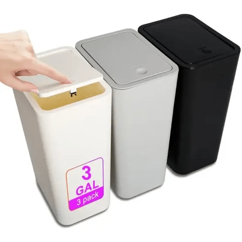 N. NETDOT 3 Pack Small Trash Can with lid, 3 Gallon Bathroom Trash Can,Garbage Can Slim Trash Bin Waste Basket for Bathroom,Kitchen,Bedroom,Living Room,Office,Laundry - Off White,Black,Grey