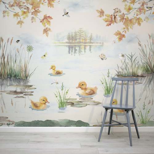 Puddles Spring - Spring Watercolour Ducklings Wallpaper Mural