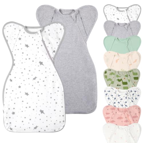 Soft Cotton Arms Up Swaddles 3-6 Months Newborn Baby Boys Girls Breathable | Arms In/Out, 2-Way Zipper Easy Diaper Change, 3-Way Transition 2 Pack Wearable Swaddle Sleeping Sack Bag Calms Startle Reflex
