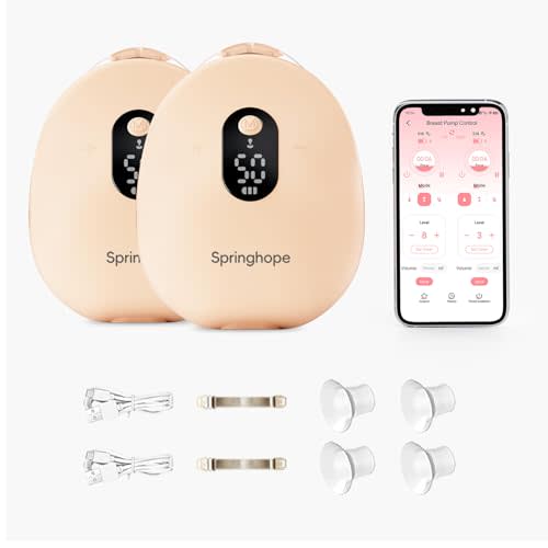 Springhope No.538 Wearable Breast Pump Hands-Free with App Control, 3 Modes & 12 Levels Electric Portable Breast Pump for Breastfeeding 6oz Bottles, Comfortable Silicone 24/21/19mm Flange, 2 Pack