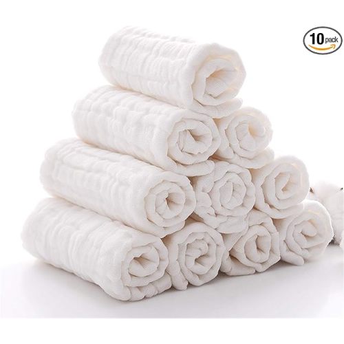 Baby Muslin Washcloths and Burp Cloths, Soft Absorbent Face Towels for Newborns,Natural Cotton Wipes for Sensitive Skin,Registry as Shower Gift, 10 Pack 12x12 inches by MUKIN (White)