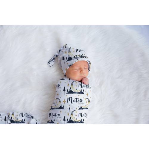 Moon Forest Swaddle Set, Personalized Moon and Stars Baby Blanket, Moon Boy Swaddle Blanket, New Baby Gift, Celestial Bedding T38