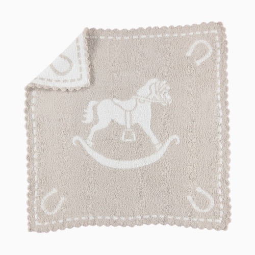 Barefoot Dreams CozyChic Scalloped Receiving Blanket - Stone/White/Rocking Horse