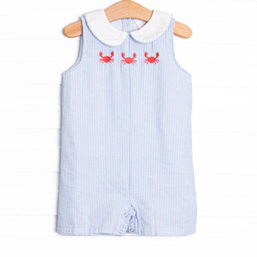 Crab Walk Cutie Embroidered Jon Jon, Blue Seersucker – Stitchy Fish