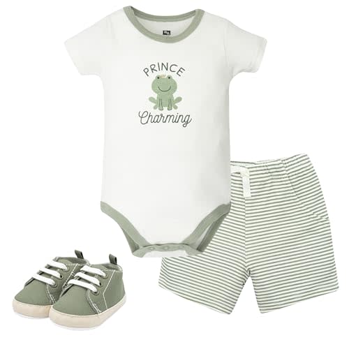 Hudson Baby Unisex Baby Cotton Bodysuit, Shorts and Shoe Set