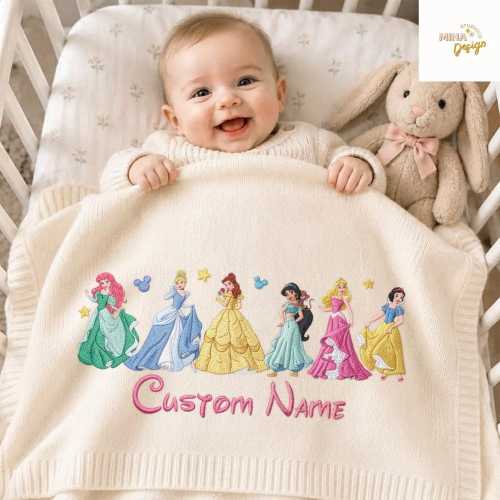 Personalized Embroidered Disney Princess Blanket, Embroidery Cinderella Rapunzel Elsa Birthday Girl Home Decor, Kids Baby Girl Knit Blanket