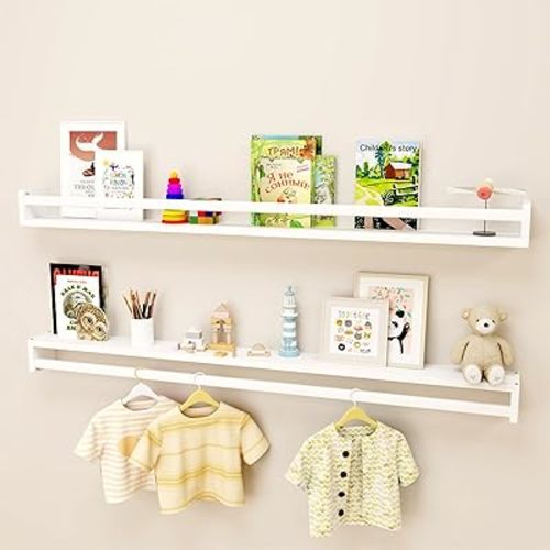 Fun Memories Nursery Book Shelves - Rustic Natural Solid Wood Floating Bookshelf for Kids - Wall Book Shelves for Kids Room (White, 48inch - 2P)