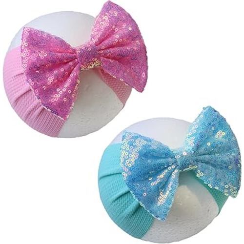 7'' Sequin Baby Headbands, Pink Big Bows for Baby Girls - Soft Stretchy Newborn Bows, Infant to Toddler Hair Accessories, 0-6Months Blue Light Pink