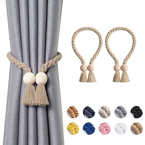 NICEEC 2 Pack Wooden Ball Magnetic Curtain Tiebacks Boho Home Decor Drape Tie Backs Natural Cotton Hand Woven Rope Curtain Holdbacks for Thin & Thick Home & Office Window Draperies (Dark Beige)