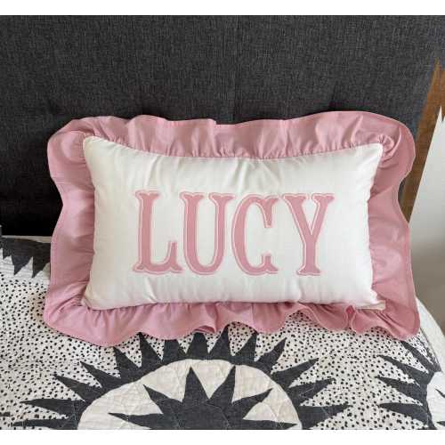 12x20 in Personalized Applique Name and Monogram Pillow Cover, Pink Ruffled Cushion