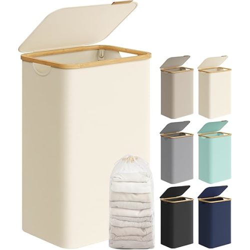 SONGMICS Laundry Hamper with Lid, Large Laundry Basket, 23.8 Gallons (90L), Removable Mesh Liner, Bamboo Handles, Collapsible, 16.5 x 12.6 x 27.8 Inches, Cream White ULCB509W01