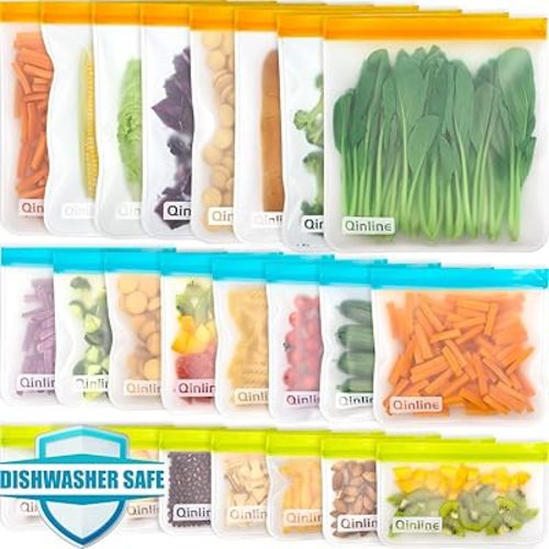Reusable Food Storage Bags - 24 Pack Freezer Extra Thick Leakproof Lunch Bag - 8 Gallon 8 Sandwich 8 Snack Bags