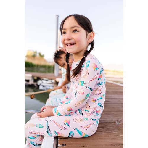 Gone Fishing Pink Bamboo Pajama Set | Girls' Fishing Lure Pajamas – Birdie Bean