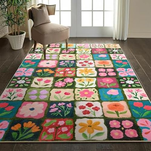 Vintage Floral Rug 6x9 Washable, Thin Cute Aesthetic Retro Multicolored Flowers Patchwork Bedroom Dorm Carpet, Boho Country Botanical Area Rugs for Dining Living Room Kitchen Entryway Nursery