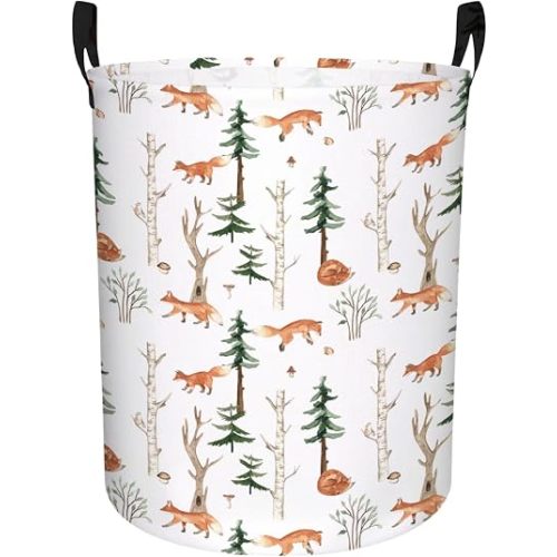 Baby Hamper – Large 19.7" x 15.7" Laundry Basket for Nursery, Linen Cotton Fabric with Leather Handle, Perfect for Baby Clothes Storage and Room Decor (Fox Jungle)