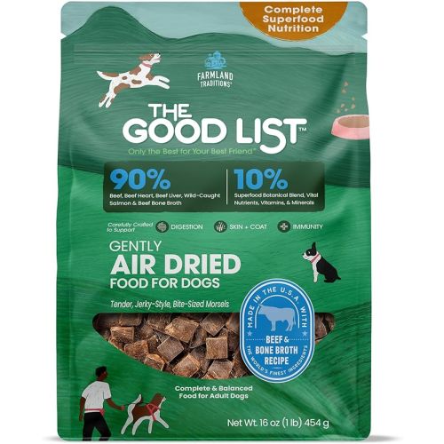 Farmland Traditions The Good List Air-Dried Dog Food, Premium Beef & Bone Broth for Dogs, Protein Rich & Grain-Free Nutrition, 1 Pound Bag