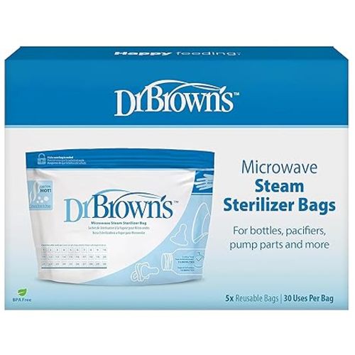 Dr. Brown's Microwave Steam Sterilizer Bags for Baby Bottles, Pacifiers, Pump Parts and Accessories, Travel Baby Bottle Sterilizer, 30 Uses per Bag, 5 Count (Pack of 1)