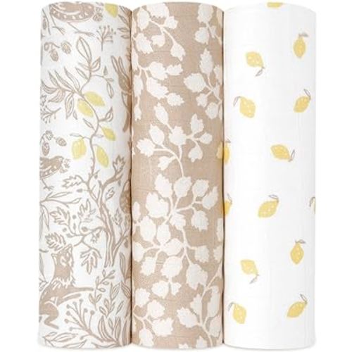 aden + anais Silky Soft Swaddle Blanket, Boutique Muslin Blankets for Girls & Boys, Baby Receiving Swaddles, Ideal Newborn & Infant Swaddling Set, Perfect Shower Gifts, 3 Pack, Natural Woodland