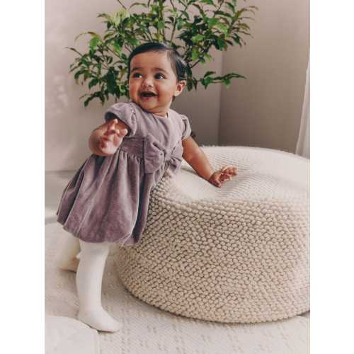 Purple Velvet Bow Bubble Hem Baby Dress and Tights 2 Piece Set (0mths-2yrs)
