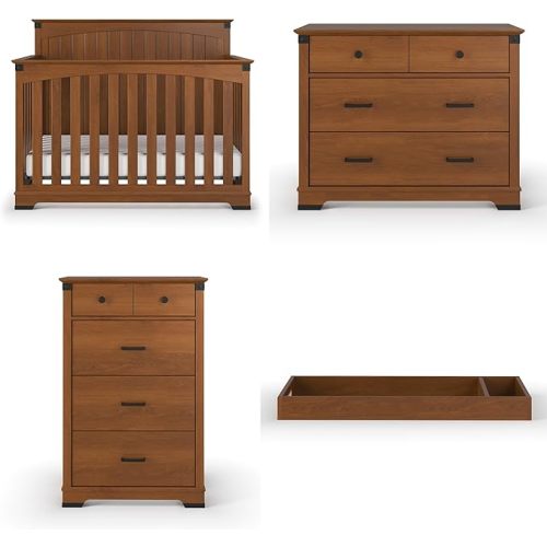 Child Craft Redmond Design 4-in-1 Convertible Baby Crib Nursery Furniture Set - Baby Bed, Dresser, Changing Table Topper and Chest Drawer for Babies, Toddlers and Kids (4 Piece - Coach Cherry)