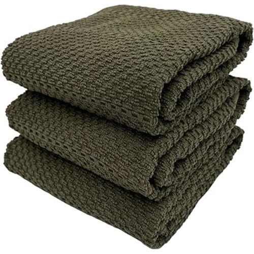 Olive Green Kitchen Hand Dish Towels: Oversized 28" x 18",100% Cotton Cloth Soft Cleaning Drying Absorbent Ribbed Design, Set of 3 Multipurpose for Everyday Use (Olive Textured)