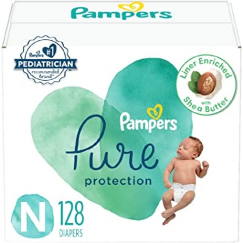 Diapers Size 0, 128 Count - Pampers Pure Protection Disposable Baby Diapers, Hypoallergenic and Unscented Protection, Enormous Pack (Packaging & Prints May Vary)