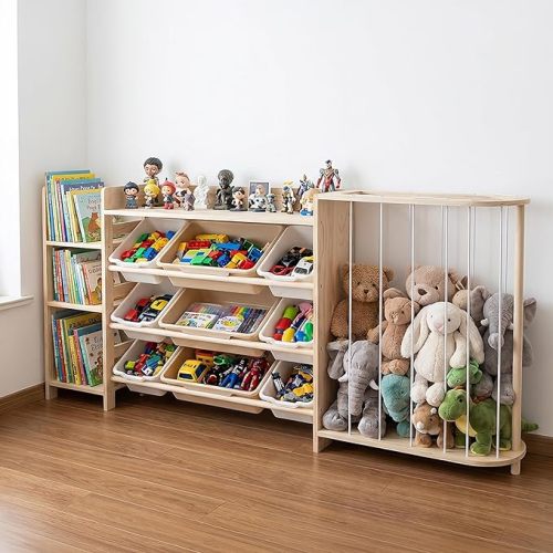 Amdermi Kids Toy Storage Organizer with Bookcase and Stuffed Animal Zoo, 4-in-1 Wooden Multi Bin Toy Shelf for Toddlers, Playroom, Bedroom, Nursery
