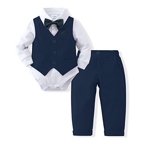 DISAUR Baby Boy Clothes Toddler Boy Outfits 4PCS Gentleman Dress Romper/Vest/Pants/Bow Tie Cotton Suit Sets
