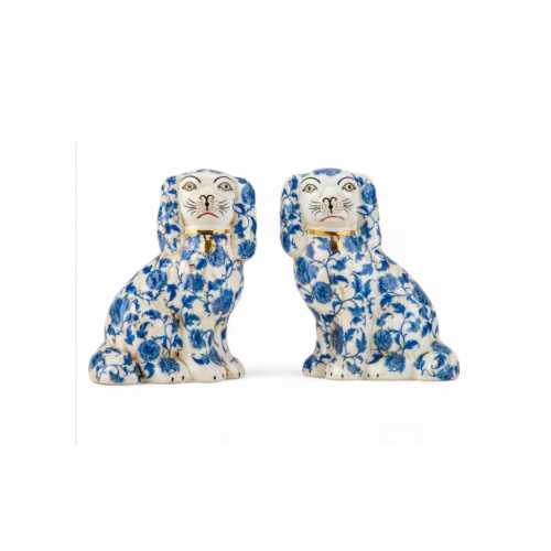 Blue floral Staffordshire dog figurine pair, 6” tall
