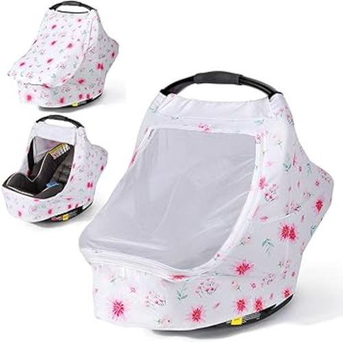 Orzbow Baby Car Seat Cover, Breathable Car Seat Canopy for Girls Boys with Mesh Window, Lightweight Baby Carrier Cover for Wind, Dust, Sun and Insects Protection, Universal Fit, Pink