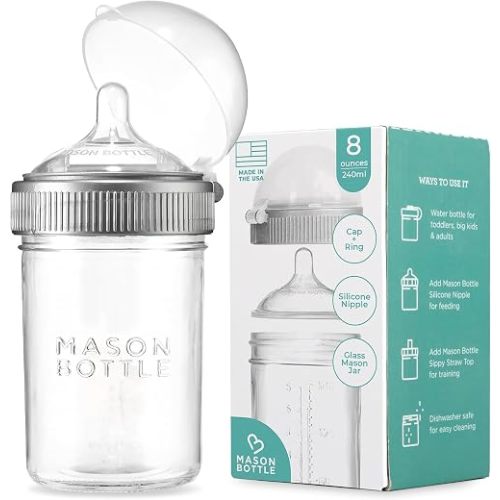 Mason Bottle 8oz Baby Glass Bottle Breast-Like Slow Flow Nipple, Cap & Ring | BPA-Free, Non-Toxic, Anti-Colic Baby Bottle, Complete Baby Feeding Bottle, Breastmilk Mason Bottle, Newborn Baby Essentials