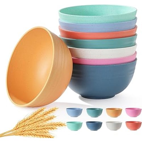 8PCS Cereal Bowl, Ohola Unbreakable Wheat Straw Cereal Bowls, Microwave & Dishwasher Safe Kitchen Bowls for Cereal, Snack, Soup, Salad and Rice, MultiColors, BPA Free, 26oz (Ser of 8)
