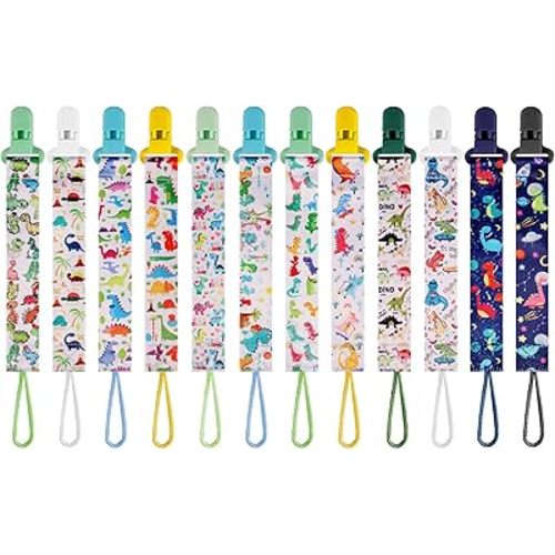 12 Pack Pacifier Clips with Adjustable Strap (32-46.5cm)/Short Strap(25.5cm) - Premium Polyester Baby Pacifier Holder Set, Multi-Design Clips for Boys Girls (Multicolor F 24/25cm)