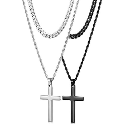 Romass 4Pcs Cross Necklace for Men Teen Boys,Stainless Steel Chains for Men Layered Necklaces Silver Gold Black Pendant Jewelry Box Gifts 18-24 Inches