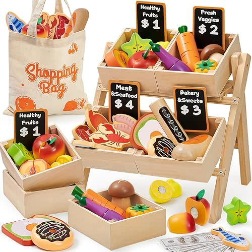 Toyssa 40+ Pcs Wooden Play Food Set with Grocery Store Shelf & Cutting Toys, Pretend Play Kitchen Accessories for Toddlers Kids, Educational Farmers Market Role Play Gifts for Girls Boys 3-7 Years