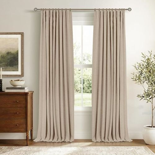 INOVADAY 100% Blackout Curtains for Bedroom, Black Out Curtains 84 Inch Long, Clip Rings Linen Blackout Drapes, Thermal Insulated Room Darkening for Living Room, 2 Panels - Burlywood Birch,W50xL84