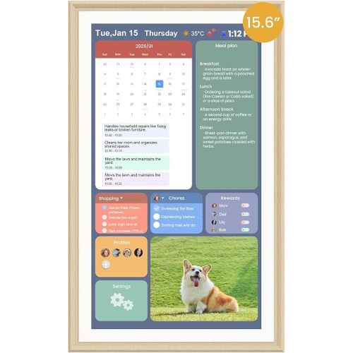 15.6-Inch Smart Digital Calendar & Photo Frame for Family, Wall Planner with Light Wood Frame, Auto-Sync to Apple, Google & Outlook, Touchscreen Display with Chore Chart, To-Do Lists & Meal Planner, No Subscription