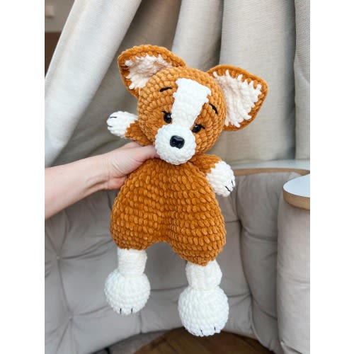 Plush Corgi Lovey – Velvet Crochet Puppy Security Blanket – Soft Baby Comfort Toy – Handmade Baby Shower Gift – Cuddly Dog Lovey