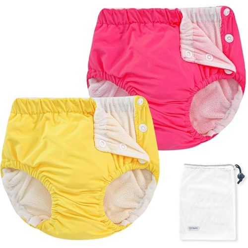 EZ Moms 2 Packs Reusable Swim Diapers Infant Baby Swim Diapers 6-9 Months Washable Snap Pool Swimming Diaper 6-12 Months Newborn Water Diaper for Swimming Lessons Boys and Girls with a Laundry Bag