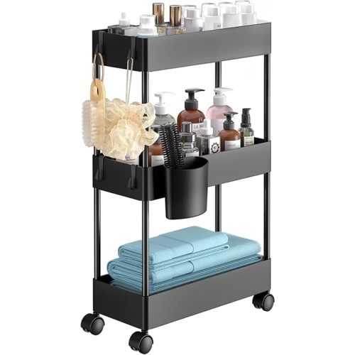 Pipishell Slim Storage Cart with Wheels - 3 Tier Bathroom Organizers and Storage Cart - Rolling Carts for Bathroom, Kitchen, Narrow Space, Laundry Room,Black