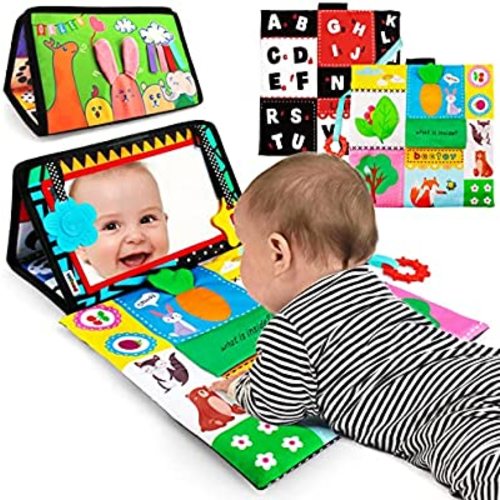 beetoy Tummy Time Baby Mirror Toys with Black and White Pattern, Double High Contrast 3D Activity Play Crinkle Toys Foldable Baby Mirror Sensory Development Toys for Newborn Infants 0 3 6 Months