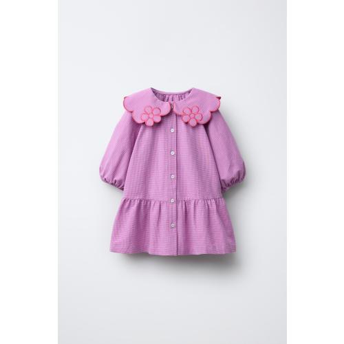 GINGHAM DRESS WITH FLORAL COLLAR - Lilac | ZARA United States