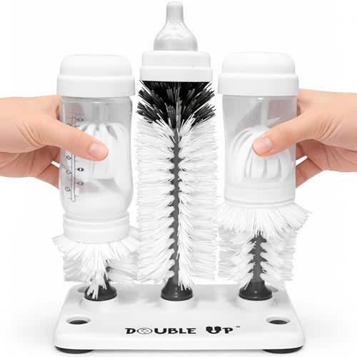 Double Baby Bottle Cleaning Brush Set with Suction Base - Cleans Two Bottles at Once - Includes Nipple Cleaner Brush - High Density Bristles, Dishwasher Safe - Baby Gift & Newborn Essential